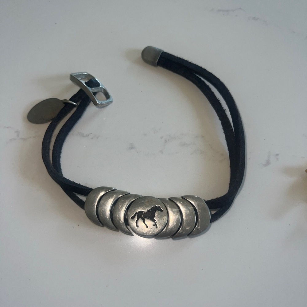 Native American Leather And Silvertone Buckle Bracelet.